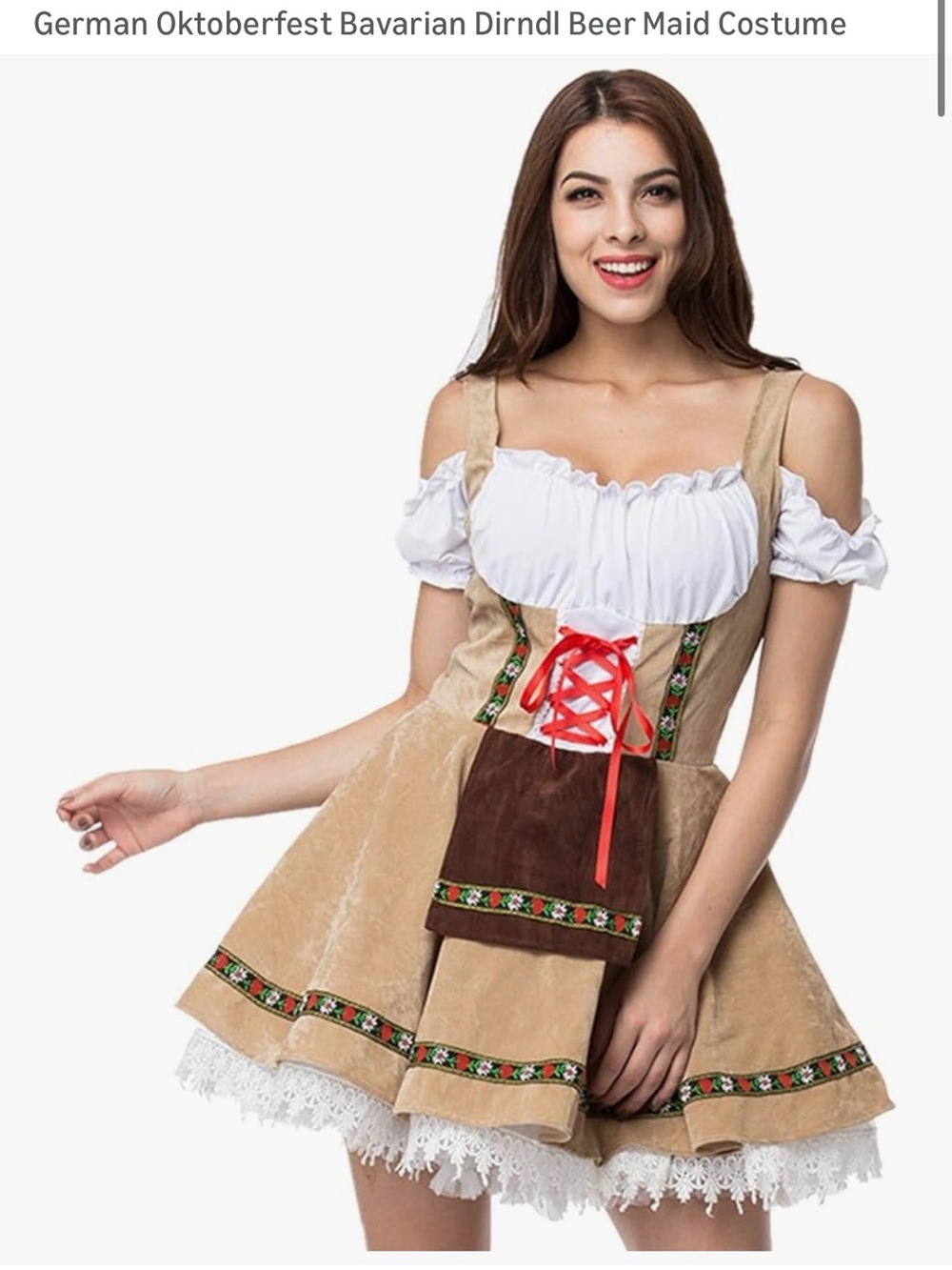 Amazon Women Dirndl Oktoberfest Costume in Tan, White, Brown with Red Accents